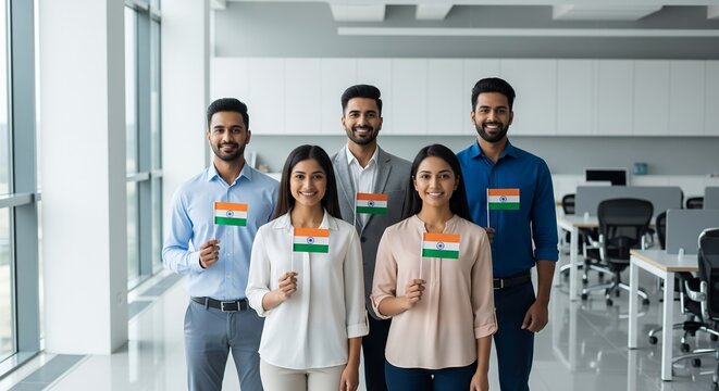Indian Professionals in a Modern Office Holding Miniature National Flags for Republic Day 2026