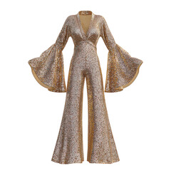 Glamorous gold sparkling sequin jumpsuit with retro disco fashion style. Elegant clothing with wide sleeve design, perfect for celebratory and festive occasion or party