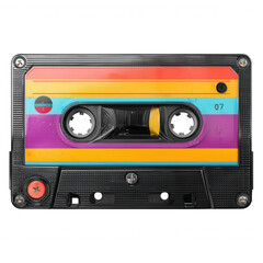 Naklejka premium Vibrant, colorful retro cassette tape with vintage label evokes nostalgia for 80s disco music. This isolated audio object on transparency background represents old technology