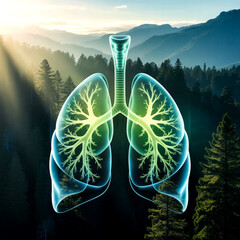 Human lungs with glowing green energy in a pristine forest.