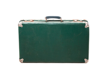 A classic green suitcase sits on a plain white background, showcasing its sturdy handle and unique style. This vintage luggage piece is perfect for travel enthusiasts