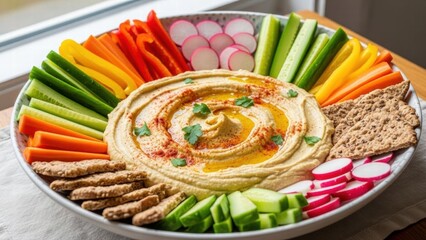 Hummus with vegetables and bread on a flat plate. A healthy snack.