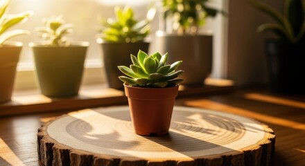 Sunlit succulent arrangement on a rustic wood slice indoors