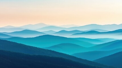 Fototapeta premium A serene landscape showcasing layered blue and green hills with soft gradients, evoking a peaceful and tranquil atmosphere.