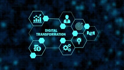 Digital transformation concept with business icons and network structure on dark blue background - Powered by Adobe