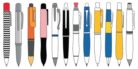 Colorful Pen Illustration Set Featuring Ballpoint, Click, Twist, and Cap Styles in Clean Stationery Vector Artwork Showing Modern Office Supplies and Writing Tools for Design and Stock Use