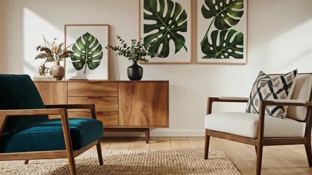 Close up of a modern living room interior featuring a teal velvet armchair next to a wooden sideboard with botanical art