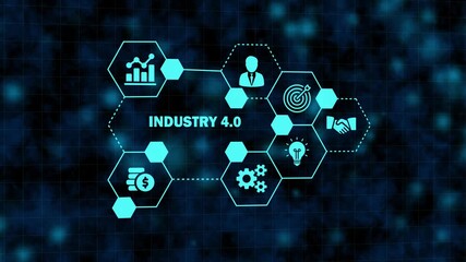 Industry 4.0 concept with glowing blue hexagonal network diagram showing icons for business growth, professional, target, handshake, idea, gears, and money on a dark blue digital background - Powered by Adobe