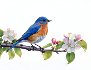 Obraz premium Azure Melody Watercolor : A captivating eastern bluebird, its plumage a symphony of blue and orange, perches delicately on a flowering branch, embraced by a gentle spring breeze.