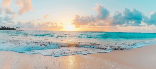 Serene sunrise over ocean waves a tranquil seascape with soft, beautiful colors
