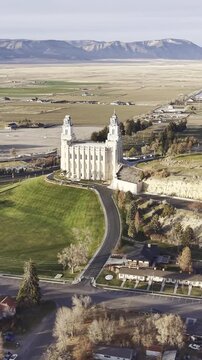 Manti Temple in sanpete county Utah from an aerial perspective