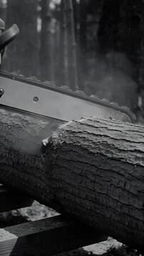 Lumberjack chainsaw buzzsaw cutting wood Logging Industry Work Manual Labor Deforestation Timber Construction Material Monochrome