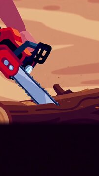 Lumberjack chainsaw buzzsaw cutting wood Logging Industry Work Manual Labor Deforestation Timber Construction Material 2D Style