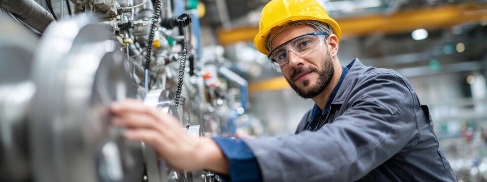 American technician adjusting machinery in a modern factory setting with safety gear and focused expression