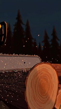 Chainsaw cutting wood Logging Industry Work Manual Labor Deforestation Timber Construction Material Cartoon