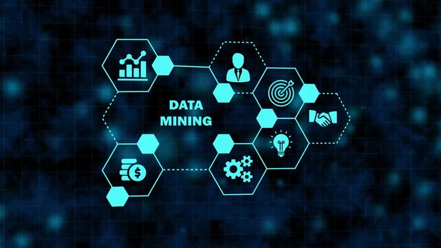 Data mining concept with hexagonal infographic icons for business intelligence, analytics, strategy, finance, idea, and partnership on a dark blue digital background