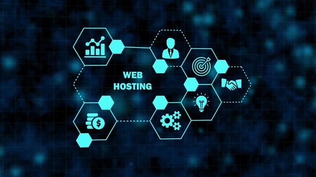 Digital concept of web hosting service with connected icons representing data analysis, professional support, partnership, ideas, settings, and finance on a dark blue technological background
