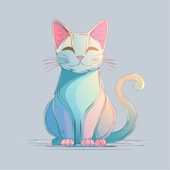 Fototapeta premium Charming illustration of a pastel-colored cat with closed eyes and a gentle smile, exuding warmth and comfort
