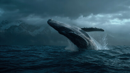 Fototapeta premium Humpback whale breaching - Ocean waves splashing - Majestic marine life