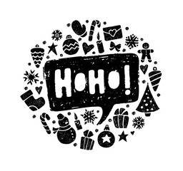 Christmas background with crayon winter icons and speech bubble with Ho-ho santa text. Holiday banner with Xmas tree balls, snowman, candy cane, candle and bow with chalk texture, vector illustration