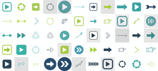 Arrow Collection: An array of directional indicators in various shapes, sizes, and styles, including symbols such as play buttons, highlighting navigation, movement.