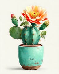 Fresh cactus standing in turquoise pot high resolution photo