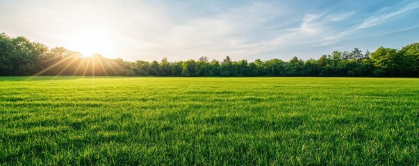 A lush green field under a bright sky, with sunlight streaming through trees, creating a serene and peaceful natural landscape.