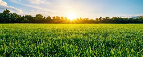 Fototapeta premium A serene landscape featuring a bright sun setting over a lush green field, surrounded by trees under a clear blue sky.