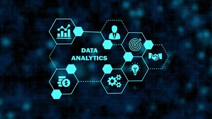 Digital concept of data analytics with glowing blue hexagonal icons representing business intelligence, finance, strategy, idea, teamwork, and process on a dark, futuristic background. - Powered by Adobe