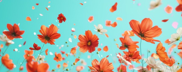 A vibrant display of orange and white flowers against a bright blue background, creating a lively and cheerful atmosphere.