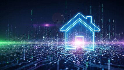 Naklejka premium Futuristic Smart Home Concept with Glowing House Icon and Circuit Board.