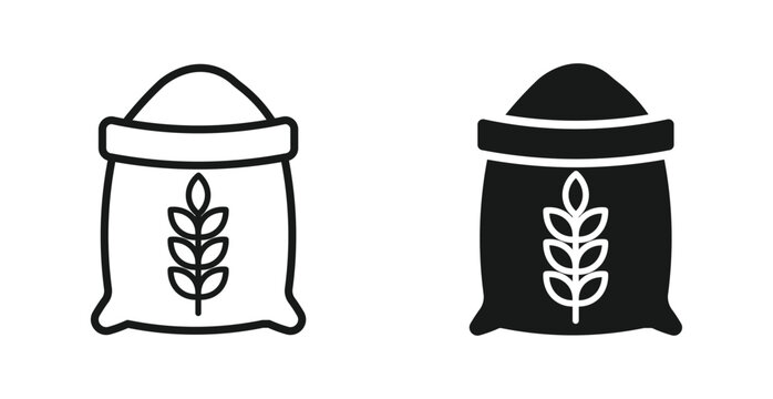 Grain sack icon set in outline and silhouette style, representing agriculture, farming, harvest, and food supply, vector illustration.