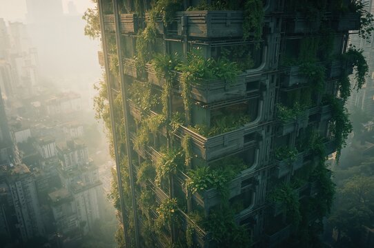 Vertical city garden glows softly through morning haze in futuristic modular structure