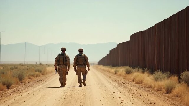 Two military personnel in full uniform walk along a dirt road next to a high border fence in a remote desert landscape, symbolizing security, vigilance, and defense.