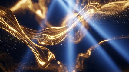 Abstract flowing golden light trails with blue beams and particles