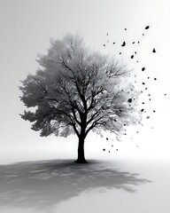 Minimalist tree artwork with drifting leaves high resolution photo