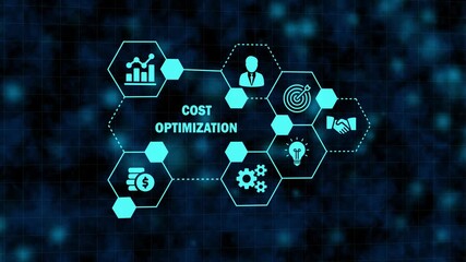business efficiency and expense reduction strategy dashboard. digital financial planning concept on blue virtual screen. cost optimization data visualization with finance symbols. - Powered by Adobe