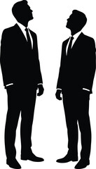 Two business men silhouettes in formal suits and ties, standing and looking up intently, isolated on a white background, concept vector illustration.