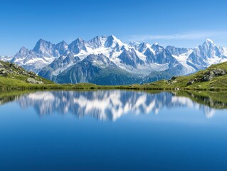A serene mountain landscape with snow-capped peaks reflected in a clear lake under a blue sky.
