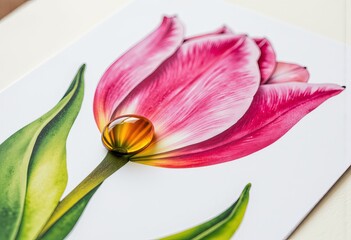 Vibrant Tulip Art Print with Dewdrop Accent Showcasing Stunning Pink Petals and Lush Green Leaves on Smooth White Canvas Background