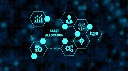 financial management and asset allocation network dashboard. digital investment strategy concept on blue virtual screen. futuristic asset allocation interface with hexagonal business icons. - Powered by Adobe