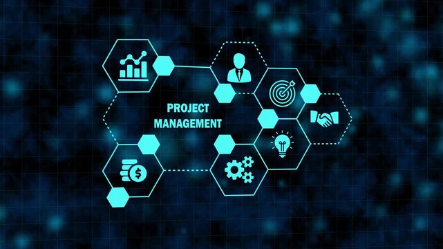 futuristic project management interface with hexagonal business icons. modern technology hud showing project management process. global business strategy and project workflow network dashboard.