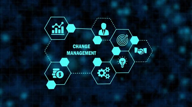 change management data visualization with innovation symbols. strategic planning interface with connected hexagonal nodes. innovative business restructuring system technology graphic.