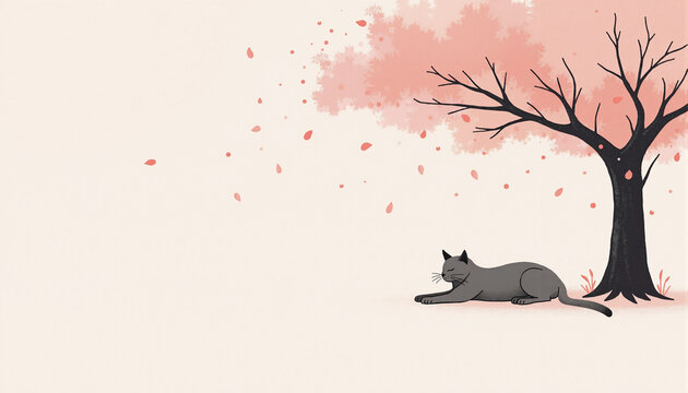 Elegant minimal design of a cat lying under cherry blossoms, gentle falling petals and warm spring mood, Japanese modern aesthetic, calm inspirational postcard concept - Powered by Adobe