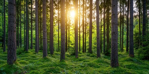 Obraz premium A serene forest scene with tall trees bathed in golden sunlight, surrounded by lush greenery and a tranquil atmosphere.