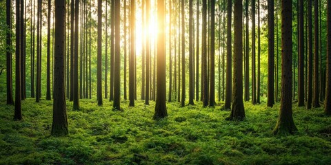 A serene forest scene illuminated by sunlight filtering through tall trees, surrounded by lush green foliage and ferns.