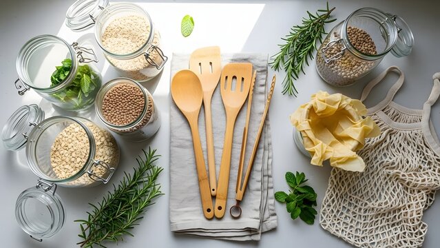 Zero waste kitchen with jars of food and wooden utensils