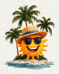 Palm tree landscape with smiling sun high resolution photo