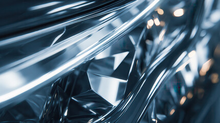 Abstract close up of reflective blue and silver material with bokeh lights