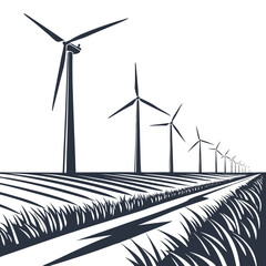A row of wind turbines in a field with stylized grass and furrowed land under a clear sky